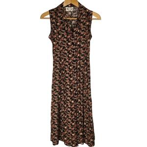 Vintage Floral Button Front Collared Midi Dress Multicolor Corset Back Boho 90s